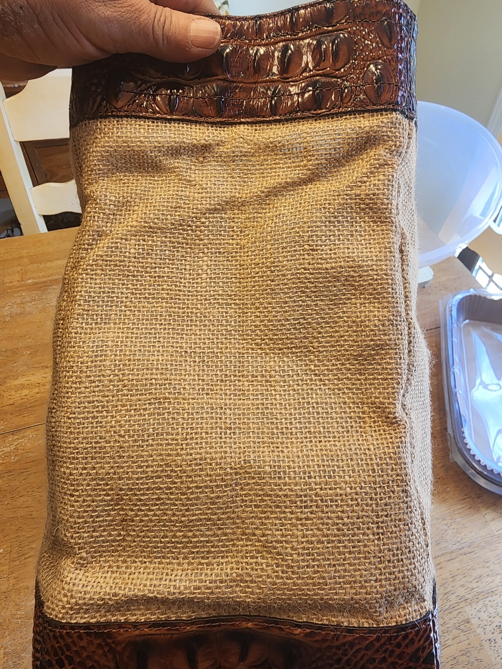 Brahmin Meredith tote bag featuring burlap construction  croc-embossed leather - Picture 5 of 16